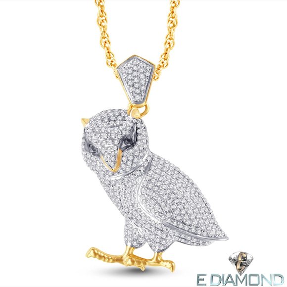 10K Solid Gold 0.90 Carats Natural Diamond Owl Pendant, Bird